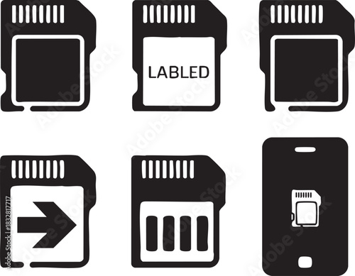Six black and white vector icons depicting memory cards and a smartphone micro storage