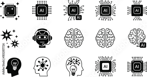 Artificial intelligence icons including microchips brains robots and human head with lightbulb and network