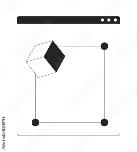 Geometric cube inside interface window with control nodes 2D line object. Abstract modeling. Software prototype. Shape editor isolated clipart vector ink outline item. Monochrome spot illustration