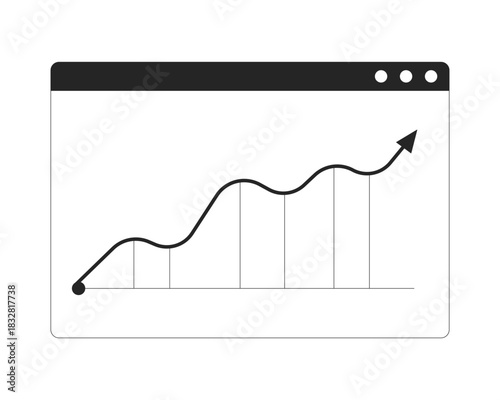 Rising line chart in browser window 2D line object. Curved upward. Business growth. Financial data inside web interface isolated clipart vector ink outline item. Monochrome spot illustration