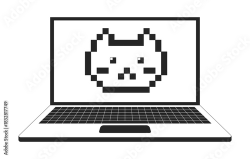 Pixel cat face on laptop screen 2D line object. Pixelated kitty. Digital mascot 8-bit. Virtual animal. Technology pet isolated clipart vector ink outline item. Monochrome spot illustration