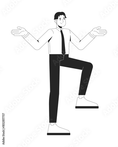 Asian office worker standing with arms open and one leg raised 2D line character. Corporate chinese employee meditating pose isolated vector ink outline person. Monochromatic spot illustration