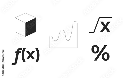 Mathematical and area chart 2D line objects set. Math equation. Cube shape. Science education. Function notation isolated cliparts vector ink outline items. Monochrome spot illustrations collection