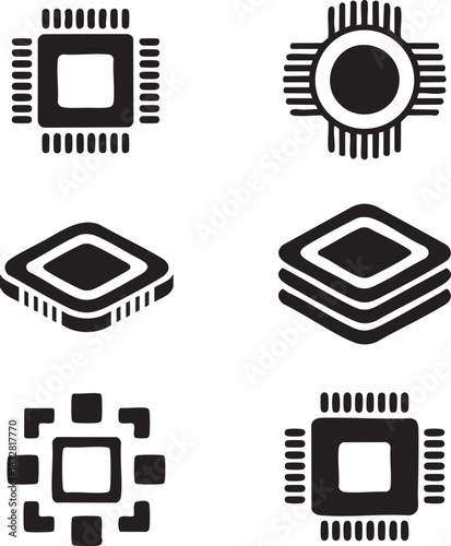 Six black vector icons of computer processors and chips on white background technology