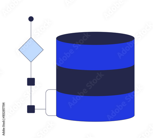 Database structure with flow diagram 2D cartoon object. Cylindrical storage. Connected flowchart. Data management. IT infrastructure isolated element flat vector clip art on white. Spot illustration