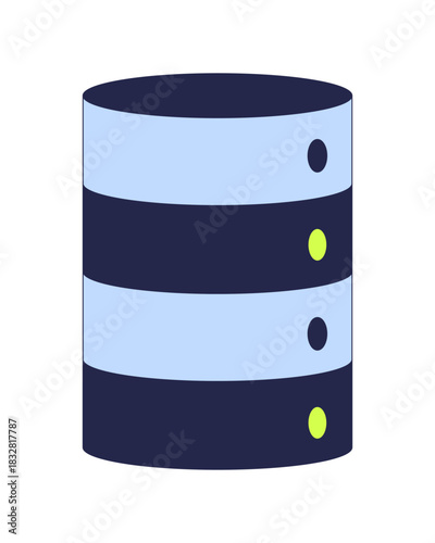 Cylindrical server with indicator lights 2D cartoon object. Simplified storage unit. IT infrastructure hardware. Database cylinder isolated element flat vector clip art on white. Spot illustration