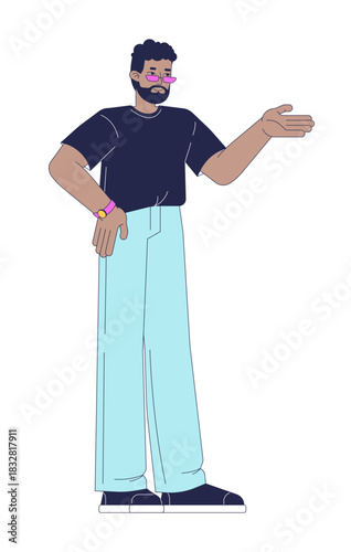 Stylish bearded black man with sunglasses explaining 2D cartoon character. African american guy with wristwatch and glasses presenting flat vector person isolated on white. Spot illustration colorful