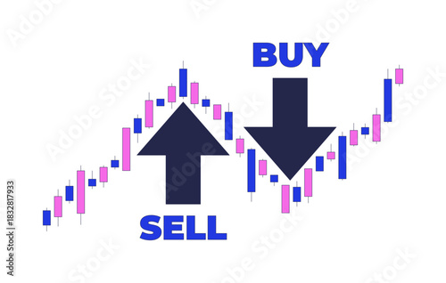 Financial candlestick chart with buy and sell arrows 2D cartoon object. Price trend in forex trading. Stock market movement points isolated element flat vector clip art on white. Spot illustration