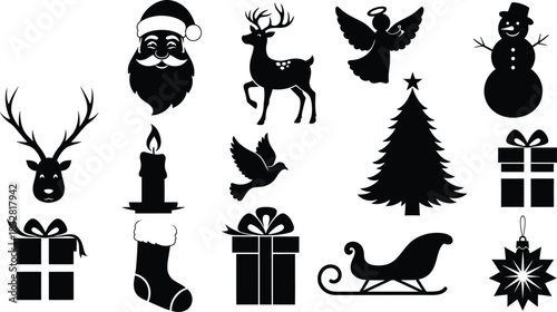 Collection of black silhouette icons representing christmas holiday symbol element