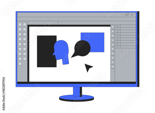 Graphic design software interface 2D cartoon object. Computer monitor screen with editing program. Creative process. Shape editor isolated element flat vector clip art on white. Spot illustration