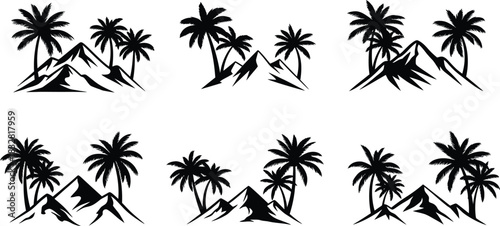 Set of six black and white silhouette icons featuring palm trees and mountain peaks