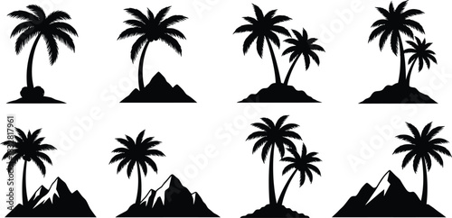 Set of eight black silhouette icons representing palm tree and mountain island landscapes