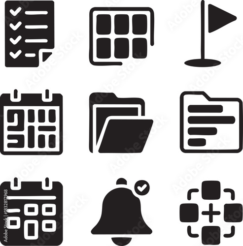 Collection of nine distinct solid black icons representing tasks calendar folder flag bell and network