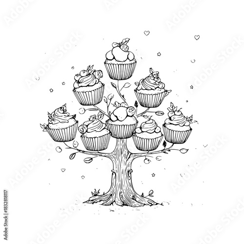 Cupcake tree sketch drawing illustration dessert pastries bakery sweet treats food design vector clip art 100