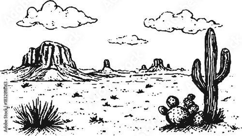 Hand drawn desert prairie landscape with cactuses and vintage Western mountains scene in classic black and white style