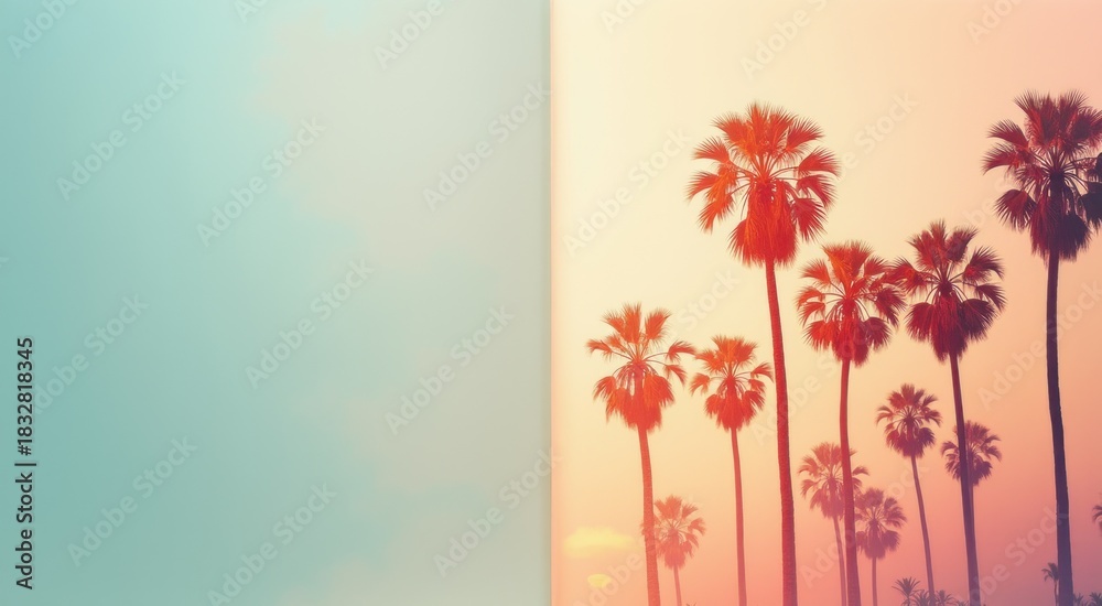 Naklejka premium Many palm trees in the background and a sunset in the background travel concept