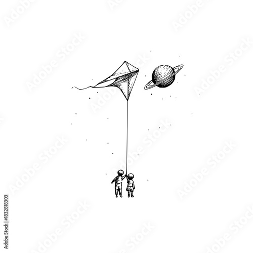 Children flying kite towards planet saturn vintage illustration black and white drawing line art style design