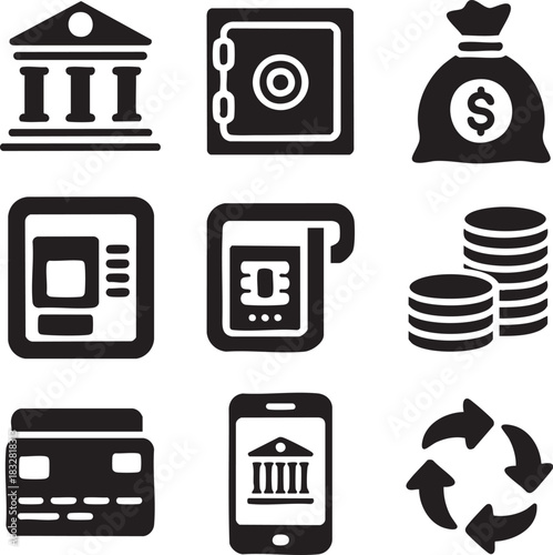 Set of nine solid black finance and banking icons on white background building safe