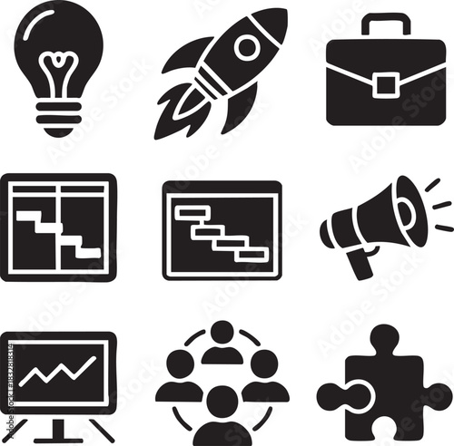 Set of nine solid black business and project management icons on white background vector