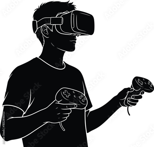 Silhouette of a person wearing a virtual reality headset and holding game controllers
