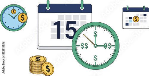 Time and money concept illustration, clocks and calendars with dollar symbols, financial planning vector, payroll and savings graphic