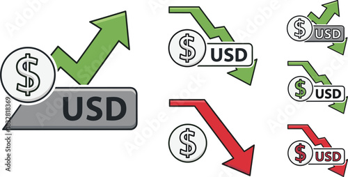 USD fluctuation icon set, dollar symbol with up and down arrows, currency trend graphics, financial movement vector