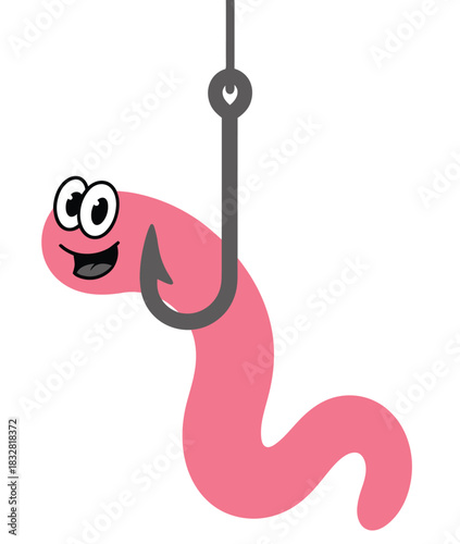 A cartoon worm with a happy face is hooked on a fishing hook.