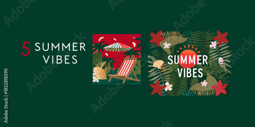 Summer vibes illustration with tropical beach scene and decorative elements on green background