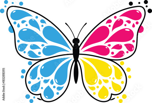 Stylized butterfly with blue pink and yellow teardrop shapes and circles insect wings