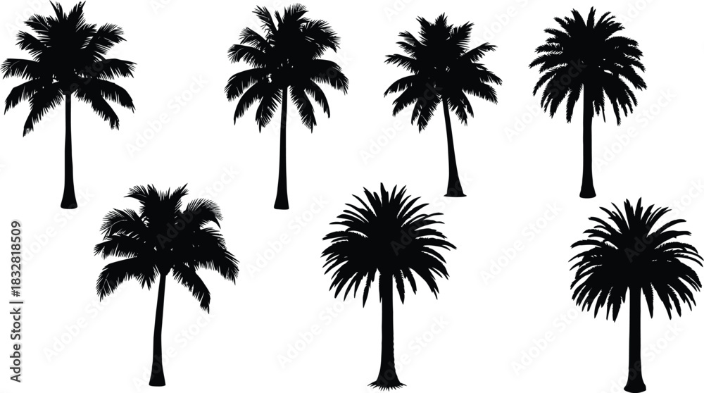 Obraz premium Collection of seven black silhouette palm tree icons with different shapes