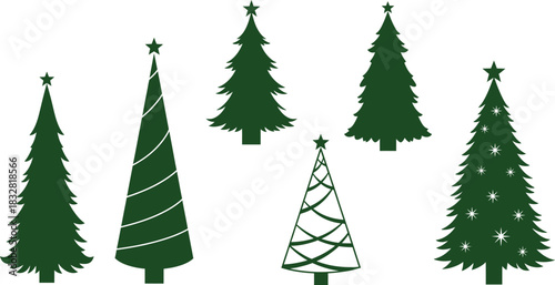 Collection of six stylized dark green christmas tree silhouettes with star topper