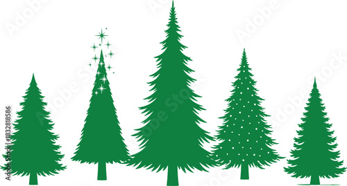 Set of five green stylized evergreen tree silhouettes for nature design