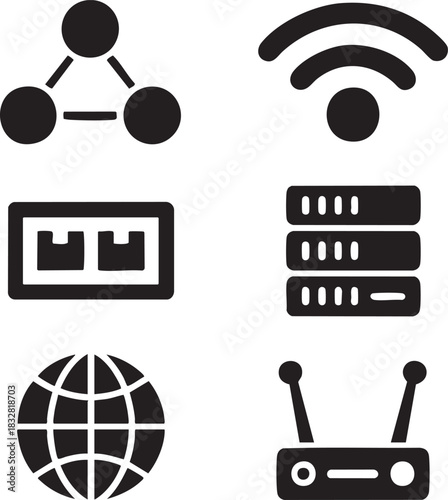 Set of six solid black icons representing network and internet technology concepts connection wifi