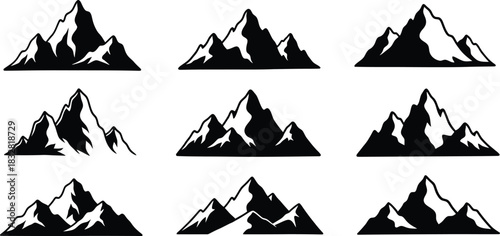 Set of nine black and white stylized mountain range icons or silhouettes