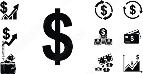 Black and white financial icon set, dollar symbol with wallet, charts, arrows, and currency graphics, economic concept vector