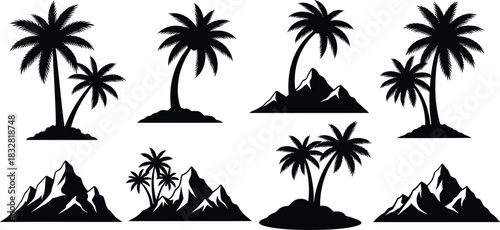 Collection of black silhouette icons featuring tropical palm tree island scenes and mountain landscapes