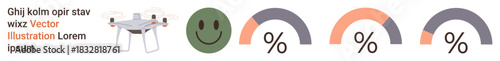 Business progress, feedback systems, user satisfaction, data visualization, analytics, performance tracking. Icons include smile face, percentage arcs and conceptual figures. Feedback systems