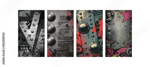 Industrial metal background with rivets and grunge texture set with abstract elements | punk design