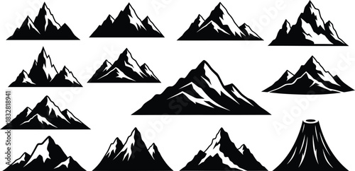 Collection of black and white stylized mountain range icons and a volcano silhouette