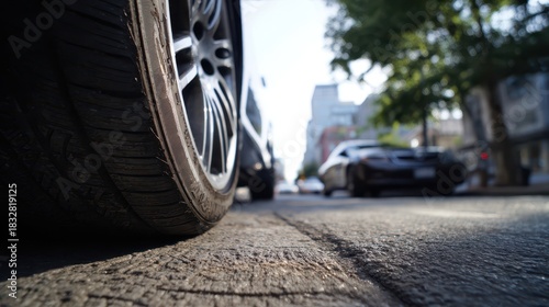 Wallpaper Mural Low-angle shot of a tire and wheel with detailed tread on a parked car, urban street setting Torontodigital.ca