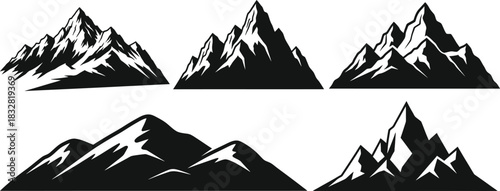 Collection of six stylized black and white mountain range silhouettes