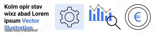 Gear beside statistical chart with magnifying glass, alongside Euro coin icon. Ideal for finance, analytics, performance optimization, data management, research, business solutions, simple landing
