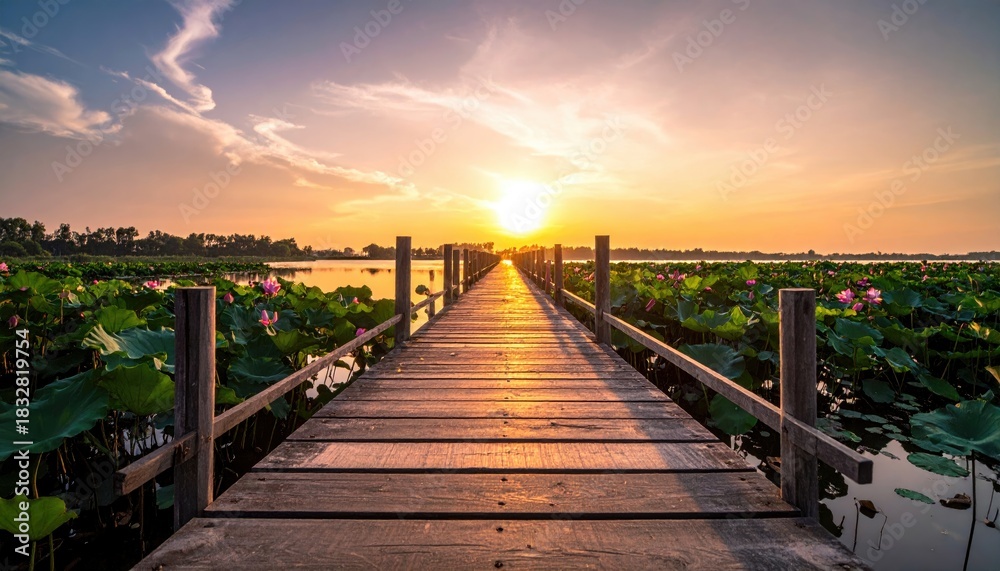 Obraz premium A wooden pier extends over a pond filled with lotus plants, leading towards a vibrant sunset. The scene evokes tranquility and natural beauty.