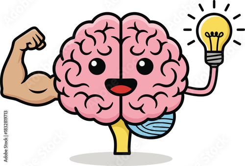 Cartoon brain character flexing muscles and holding up a bright lightbulb representing creative ideas
