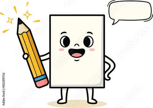 Adorable paper character holds a pencil with a thought bubble indicating creative inspiration and brainstorming