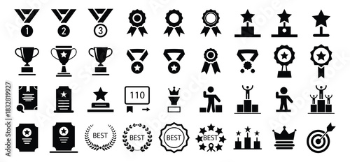 Winning icons collection. Award and prize icons, trophy reward, victory trophy signs depicting an award, victory cup achievement, winner medal - stock vector.
