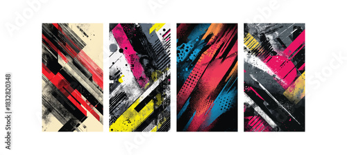 Abstract geometric backgrounds with dynamic diagonal lines and colorful grunge textures |punk design