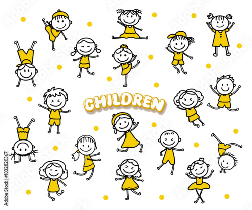 cute kids stick figure set happy children doodle element