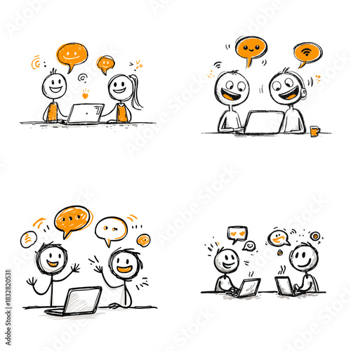 Creative doodle showing happy people working on laptops with chat icons symbolizing teamwork online collaboration digital learning support communication and joyful productivity.