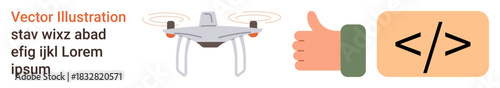 quadcopter technology, coding, robotics, software development, tech innovations, positive feedback. Quadcopter image, thumbs-up icon coding symbol. Drone technology and coding illustration